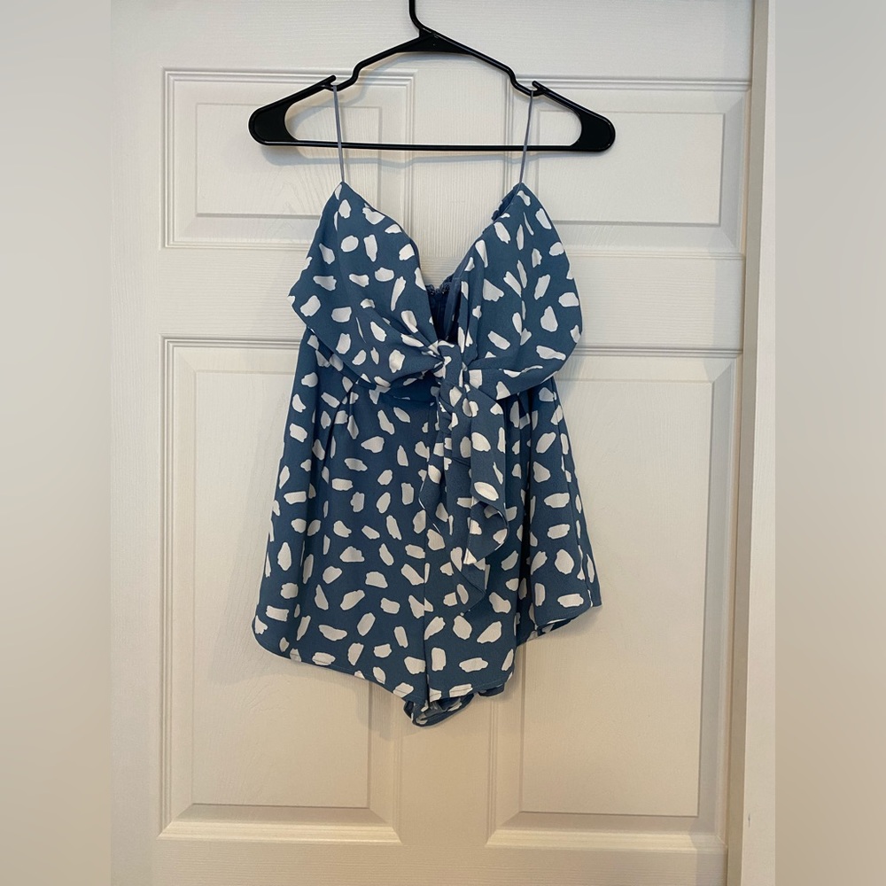 Blue Blush, blue and white patterned romper, size medium, strapless